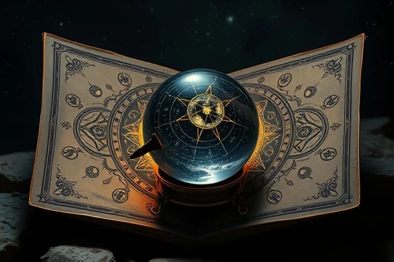 3D render of an open, illuminated antique grimoire with astrological diagrams and a glowing crystal ball, evoking ancient knowledge.