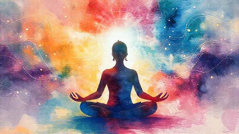 Silueta humana meditando rodeada de patrones de luz abstractos que representan ondas cerebrales
