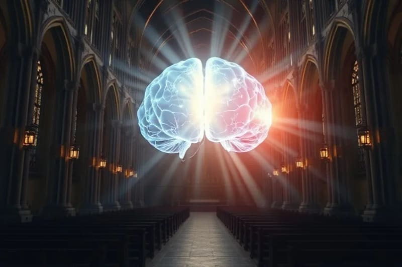 Red neuronal brillante dentro de un cerebro humano translúcido con patrones de luz rítmicos