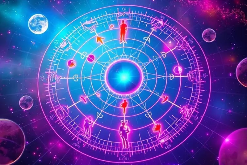 Stylized diagram of planetary orbits influencing global human figures