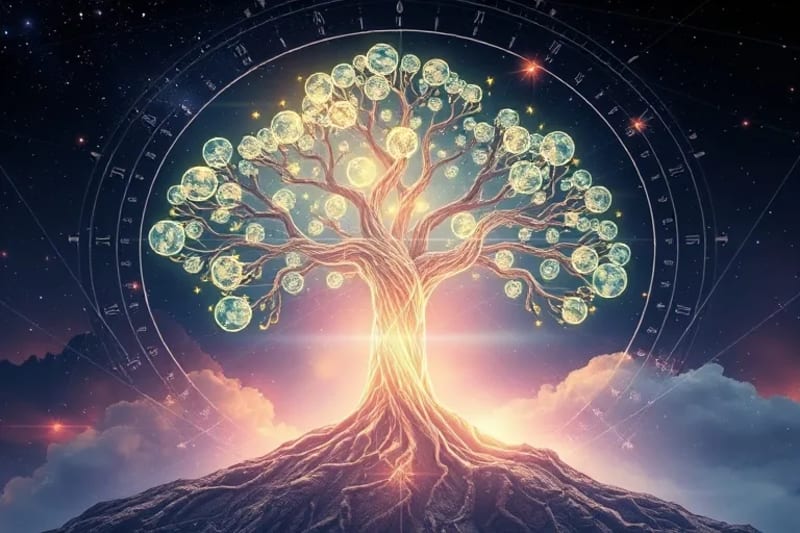 Árbol de vida estilizado con raíces cristalinas y energía ascendente