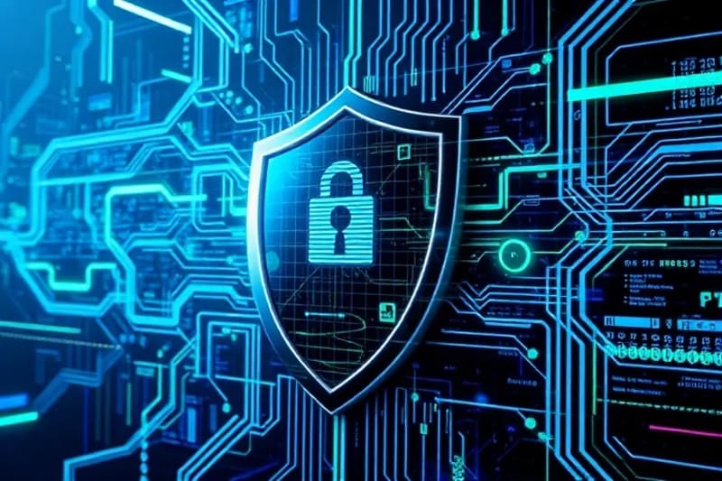 Escudo digital con elementos cuánticos protegiendo servidores
