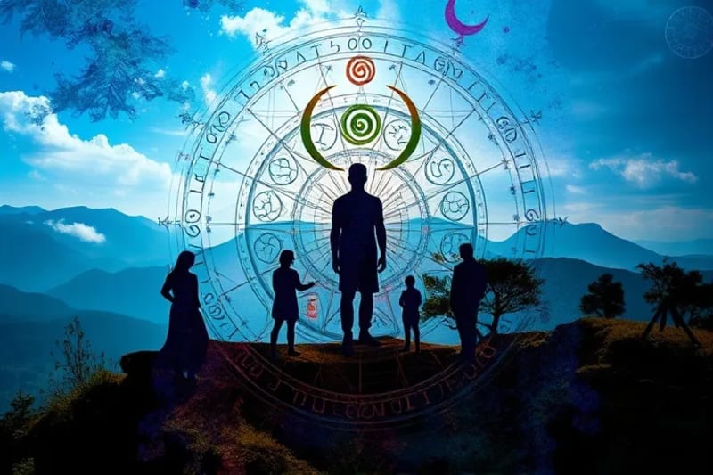 A detailed tapestry interwoven with astrological and elemental symbols, representing integrated energies.