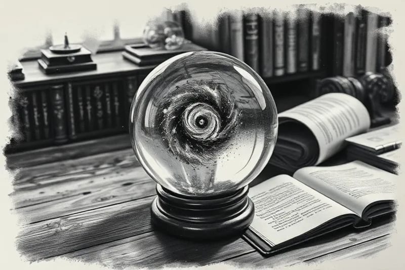 A crystal ball reflecting a galaxy and a Yin-Yang symbol, representing the synthesis of cosmic and philosophical concepts.