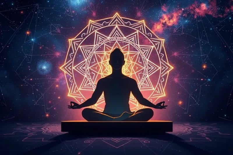 Representación artística de una persona meditando frente a un portátil con patrones energéticos
