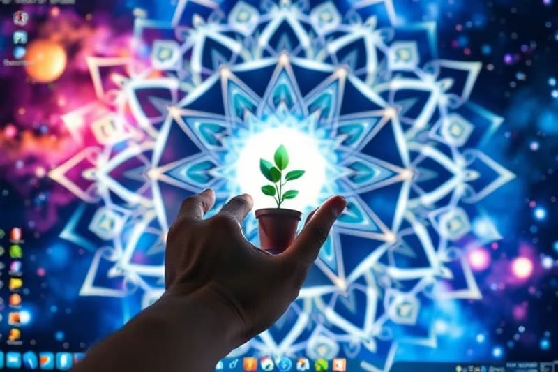 Fotografía macro de una mano organizando un escritorio digital con iconos de plantas y luz etérea