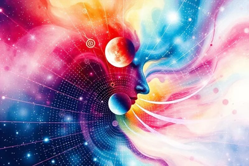 Abstract watercolor depiction of human energy field with chakra colors and subtle astrological glyphs, symbolizing cosmic influence on the body.