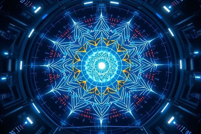 3D render of a futuristic lab with holographic DNA sequences and rotating astrological charts, symbolizing the fusion of genetics and cosmic data.