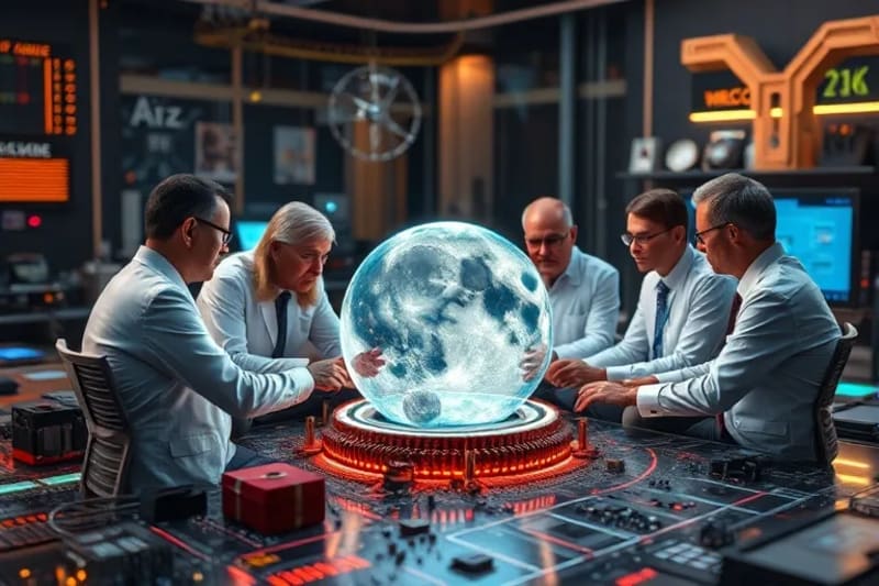 International legal experts discussing lunar mining regulations on a holographic projection.