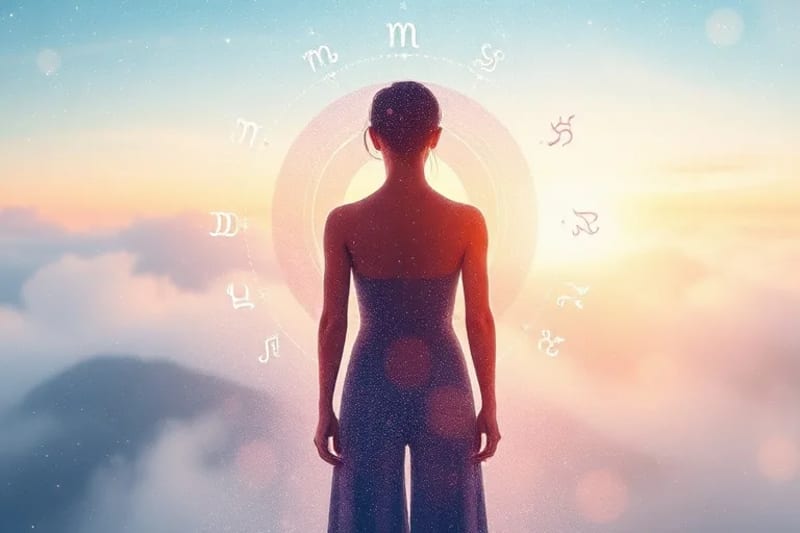 Ilustración acuarela de un aura humana bajo influencia planetaria y carta astral
