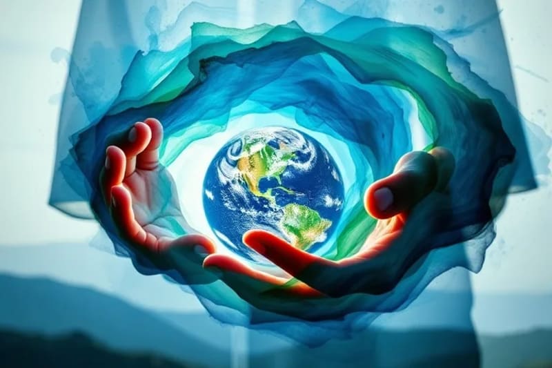 Manos etéreas protegiendo un vórtice de energía climática, simbolizando la guardia espiritual de la Tierra.
