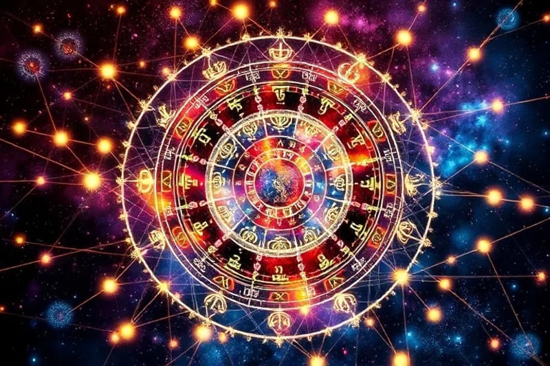 Intricate glowing web of karmic threads centered around a luminous natal chart, highlighting planetary aspects and nodal connections.