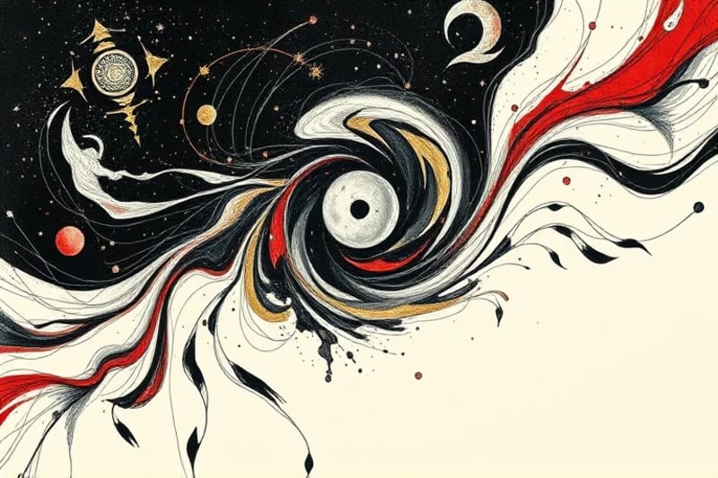 Abstract art with swirling indigo, crimson, and gold patterns, evoking a cosmic memory stream and the vastness of time.