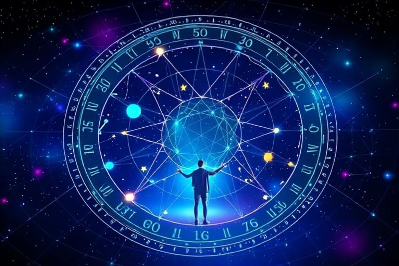 Representación abstracta de una red de datos cósmicos con símbolos astrales y una figura humana estilizada conectándose a ella.