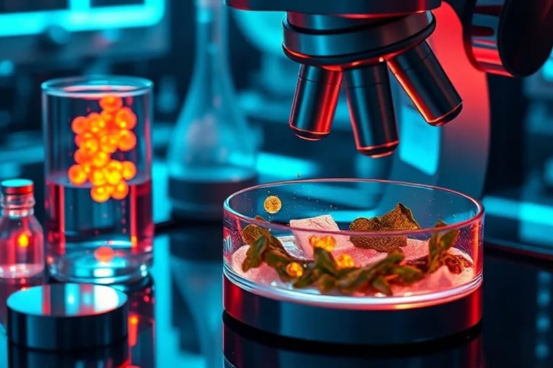Bodegón de herramientas científicas y elementos naturales en luz futurista