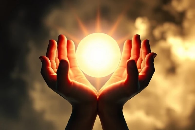 Manos abiertas sosteniendo una esfera de luz, con la oscuridad digital retrocediendo, simbolizando la protección espiritual y la claridad en tiempos de engaño.