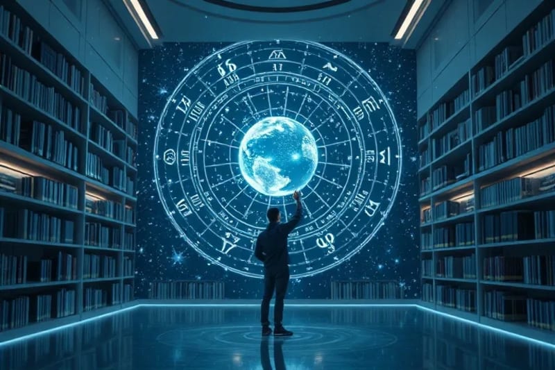 Entorno futurista de biblioteca con personas interactuando con proyecciones holográficas de planetas y cartas astrales dinámicas.