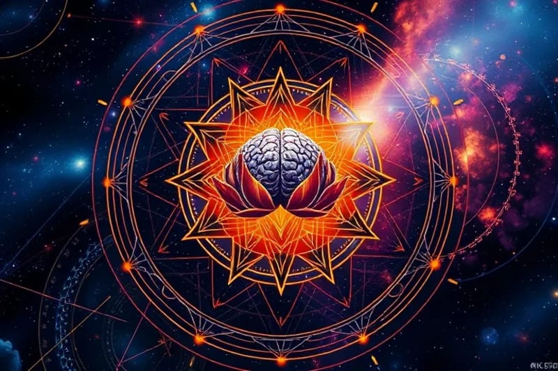 Abstract digital painting of planetary orbits intertwining with a lotus flower, symbolizing cosmic and mental integration.