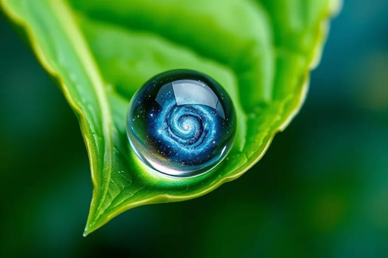 Close-up of a dewdrop on a leaf reflecting a starry night sky, symbolizing self-reflection and cosmic connection.