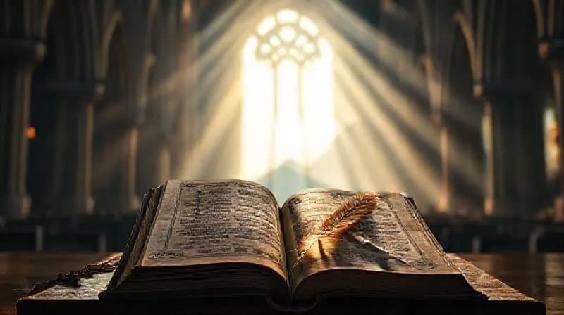 Libro antiguo con símbolos indígenas y una pluma brillante, representando el redescubrimiento de la sabiduría ancestral y la inspiración divina.