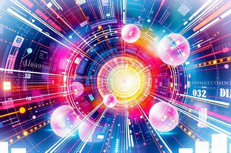 Abstract digital art showing a secure data tunnel with glowing quantum symbols and cryptographic patterns, emphasizing robust data protection.