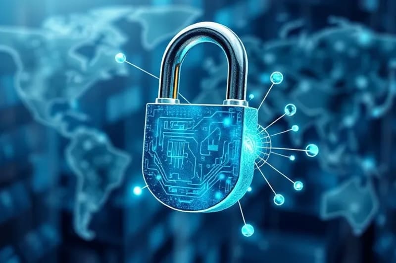 3D render of a stylized padlock with circuit board patterns and glowing qubits, protecting a global network, symbolizing advanced encryption.