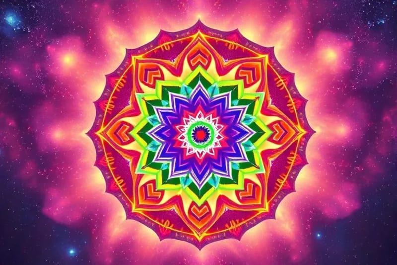 Representación artística de los siete chakras con alimentos específicos flotando alrededor de cada uno, simbolizando la nutrición energética.