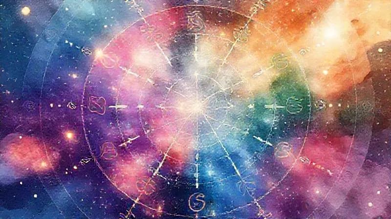 Pinceladas de acuarela abstractas que representan los doce signos zodiacales, con ingredientes culinarios que se asocian a cada energía.