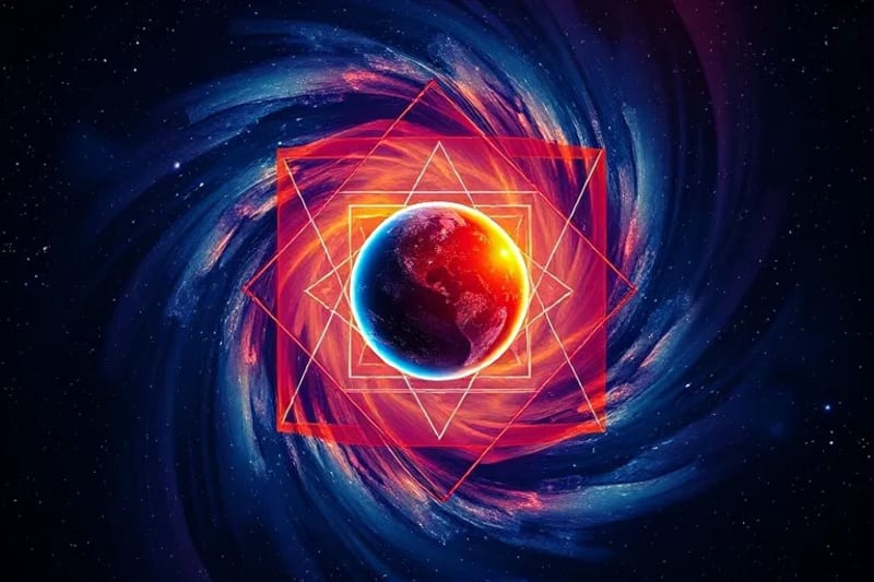 A digital painting depicting two vibrant colored spheres connected by a sharp, angular line, symbolizing the dynamic tension of a square aspect in astrology.