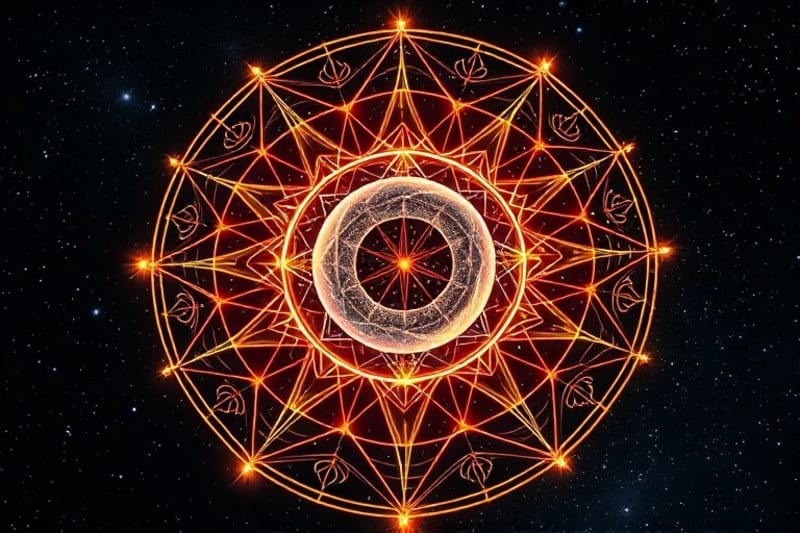 A 3D render of a complex network of glowing energetic lines representing astrological aspects emanating from a central crystalline sphere within a cosmic void.