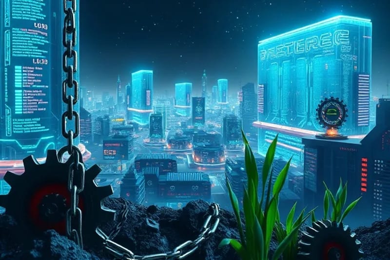 Engranajes rotos y brotes verdes en un paisaje futurista