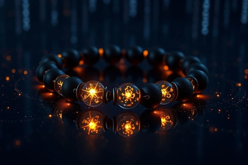 Representación 3D de un rosario tradicional con cuentas que emiten luz iridiscente, rodeado de proyecciones holográficas de funciones de onda cuánticas y código binario.