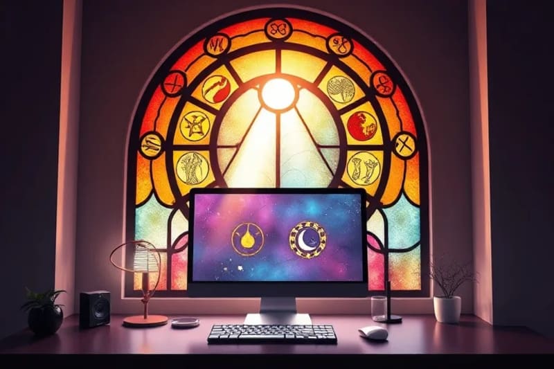 Vector art of a clean digital workspace with organized icons, balanced colors, and smooth energy lines, symbolizing digital order and clarity.