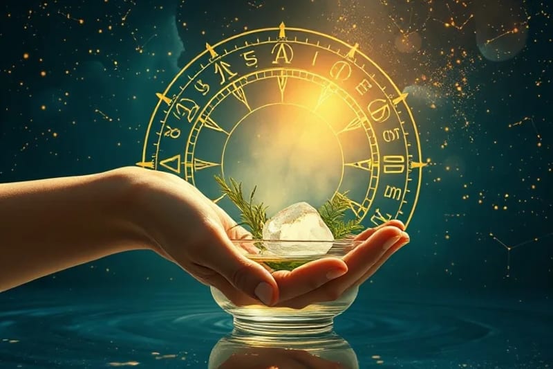Proceso de creación de un elixir vibracional con plantas y cristales bajo la luz natural