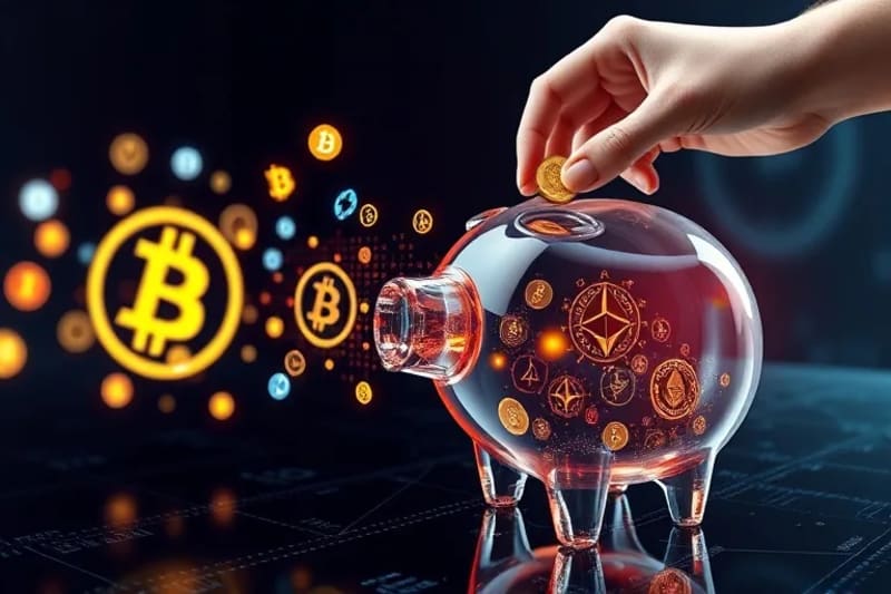 Representación artística de criptomonedas fluyendo hacia un ahorro digital