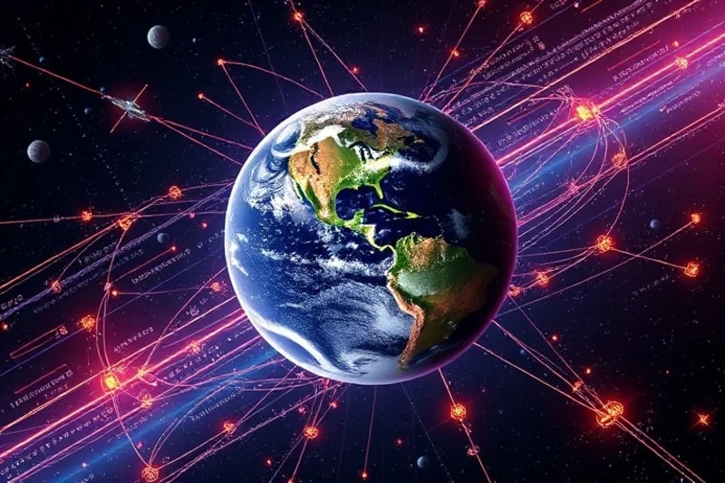Ilustración digital de un globo terrestre entrelazado con símbolos legales y líneas de código digital, rodeado de naves espaciales y asteroides, representando la complejidad de la gobernanza espacial.