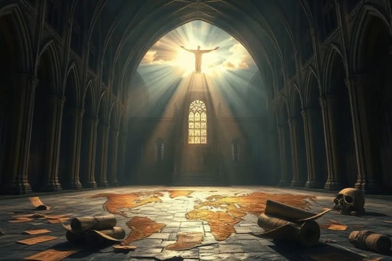 Pintura al óleo alegórica de un mundo fragmentado, con tormentas sobre zonas de conflicto y pergaminos antiguos simbolizando advertencias proféticas ignoradas.