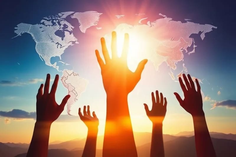Arte digital conceptual de manos de diferentes partes del mundo alcanzando una luz brillante, simbolizando la guía espiritual y la paz en medio de la agitación global.