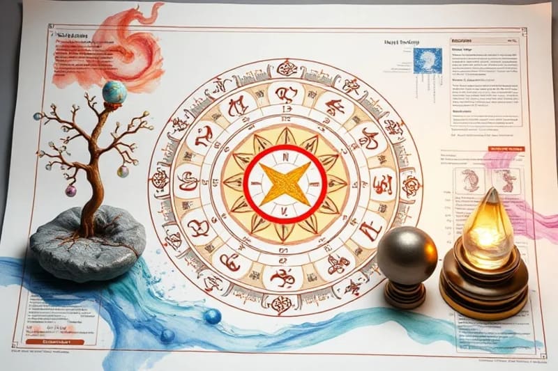 Mapa Bagua conceptual superpuesto en un plano de oficina, rodeado de objetos simbólicos como una fuente de agua, un árbol de madera y un cristal.