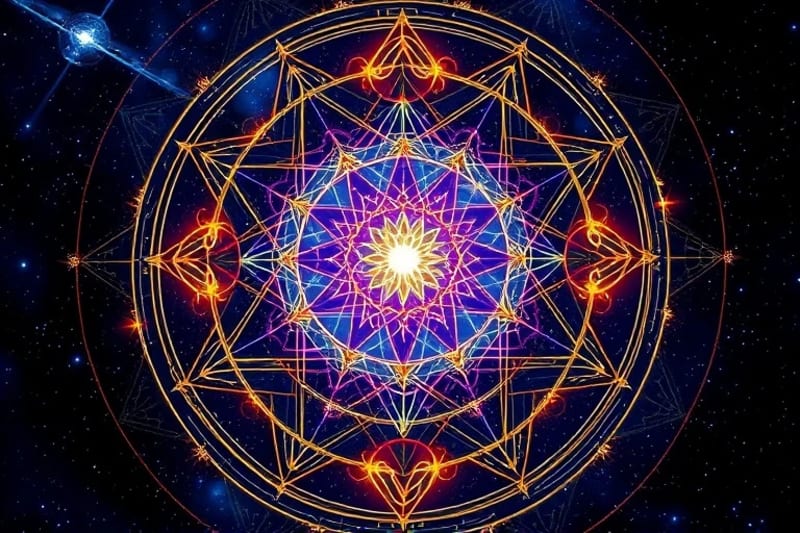 Illustrated ancient manuscript page with glowing lines and symbols representing a soul contract and destiny.