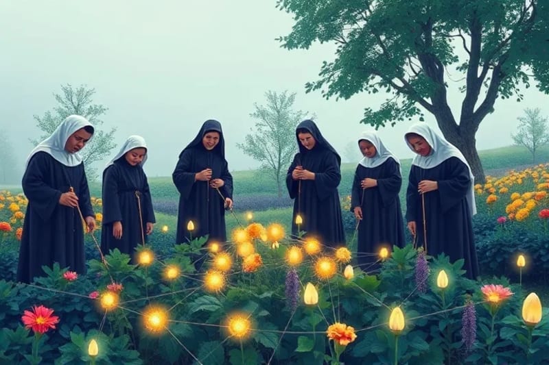Monjes y monjas en jardín comunitario con red digital