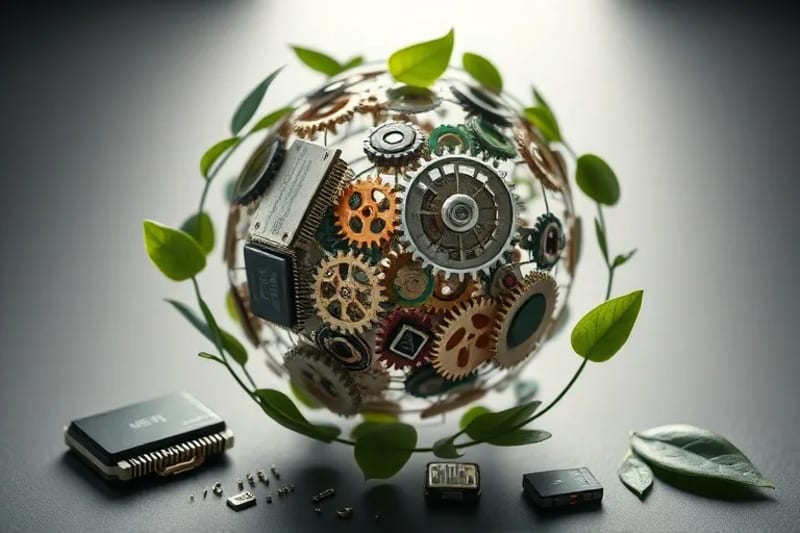 Globo estilizado con engranajes y hojas, rodeado de productos 3D, envases compostables y componentes electrónicos reutilizables, simbolizando la economía circular.