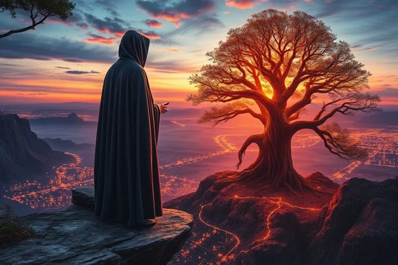 Figura solitaria contemplando paisaje digital y árbol antiguo