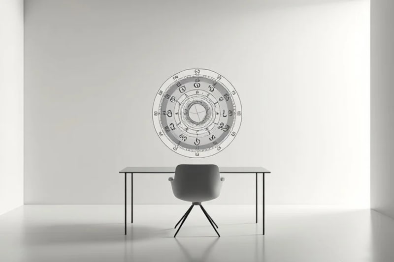 3D render of a futuristic, minimalist consultation room with a holographic birth chart on a transparent table.
