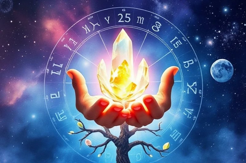 Manos sosteniendo un cristal brillante sobre un árbol genealógico simbólico, con raíces profundas y ramas extendidas, representando la sanación de patrones ancestrales