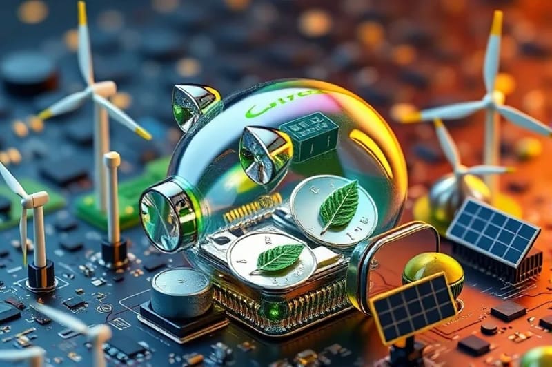 Hucha de materiales reciclados con tokens de hojas