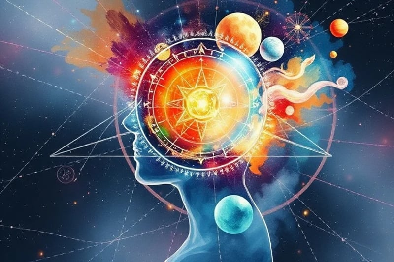 Stylized human head with glowing algorithmic patterns inside, merging with cosmic elements, representing the subconscious processed by AI.