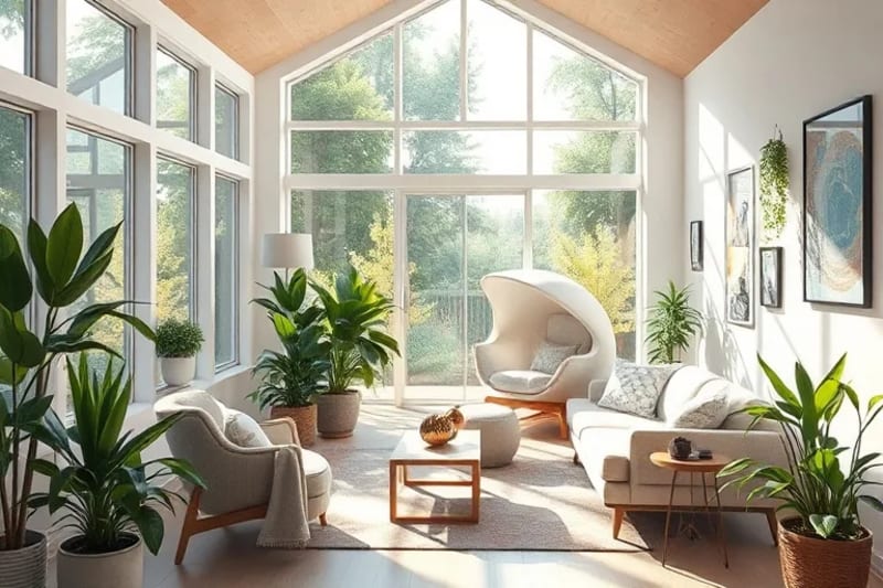 Watercolor painting of a serene home interior with natural light, plants, and ergonomic furniture, promoting peace