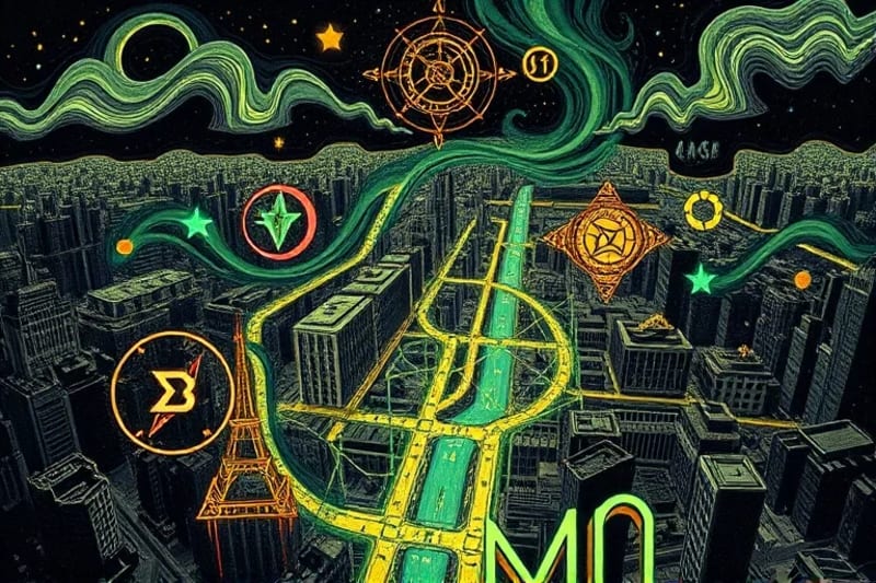 Digital painting of an urban map overlaid with glowing, geometric energy patterns and swirling currents, symbolizing geomantic principles.