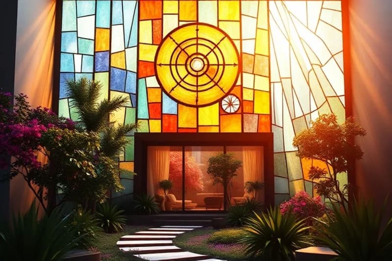 3D render of a minimalist dwelling integrated with flowing, translucent ribbons of light representing cosmic energies, set in an urban garden.